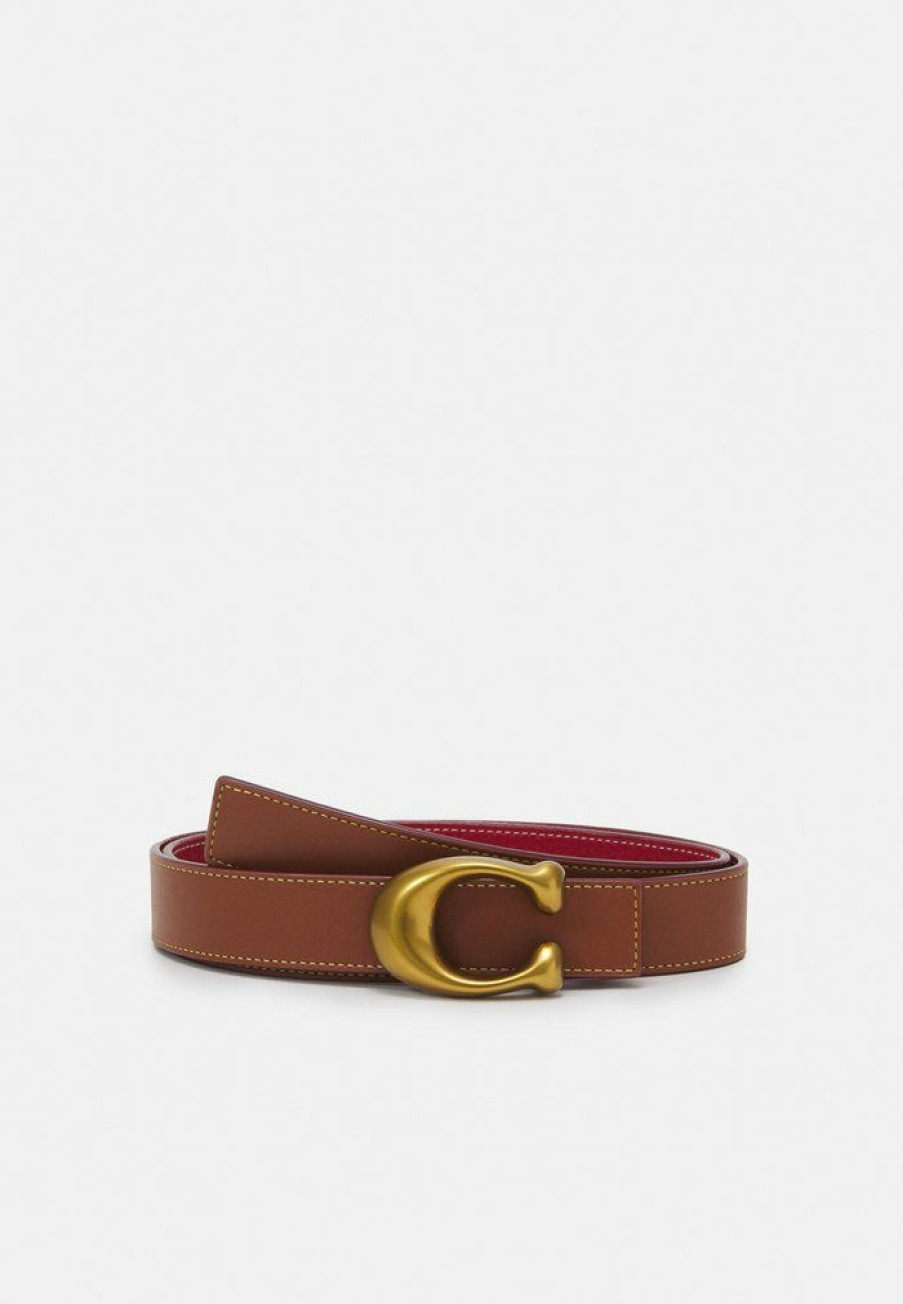 Online Hot Sale Coach Sculpted Reversible Belt Belt Saddle/Red