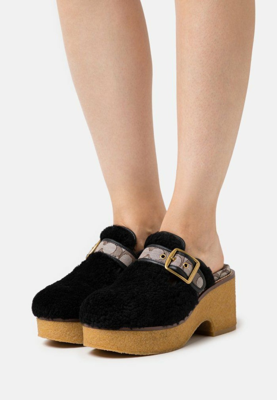 New Cheapest Coach Dylan Shearling Heeled Mules Black/Oak