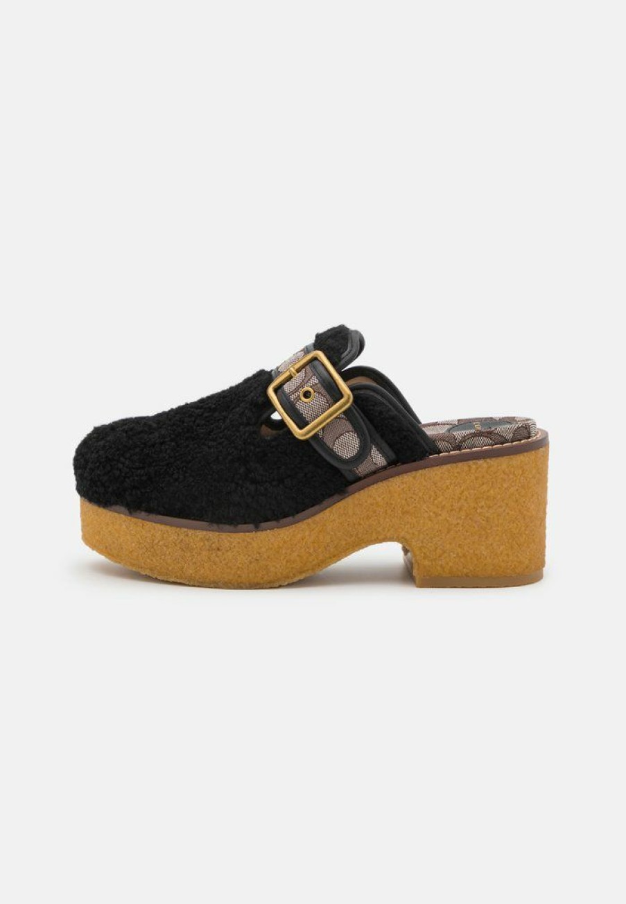 New Cheapest Coach Dylan Shearling Heeled Mules Black/Oak